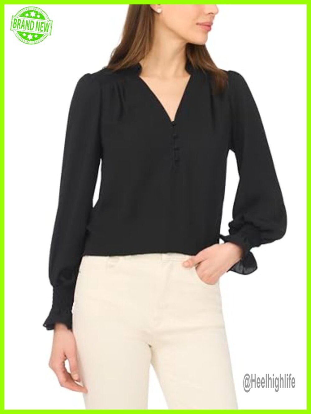 Long Sleeve Half Placket Smocked Blouse V-Neck